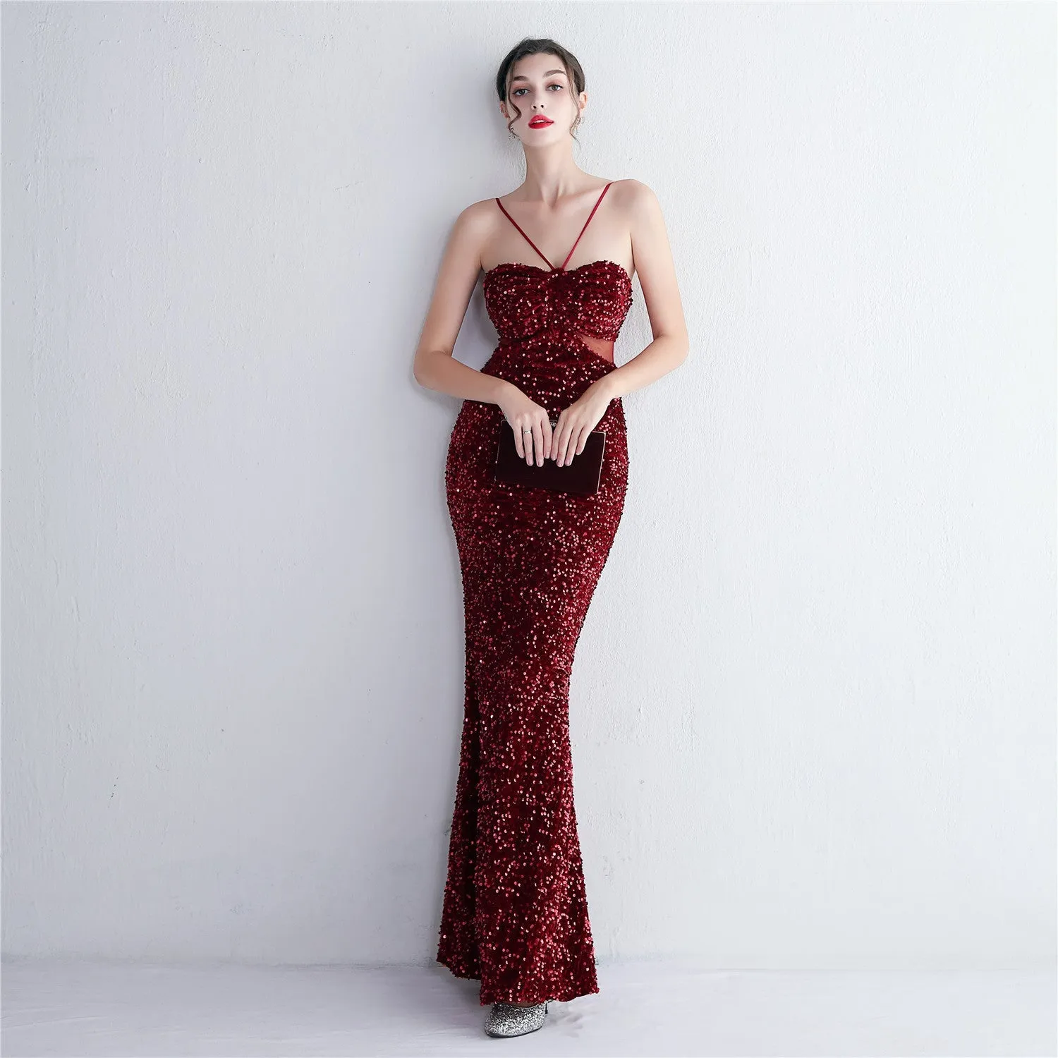 MARIAN BURGUNDY CUTOUT SEQUINS HALTER MAXI DRESS Gloria Lanvin