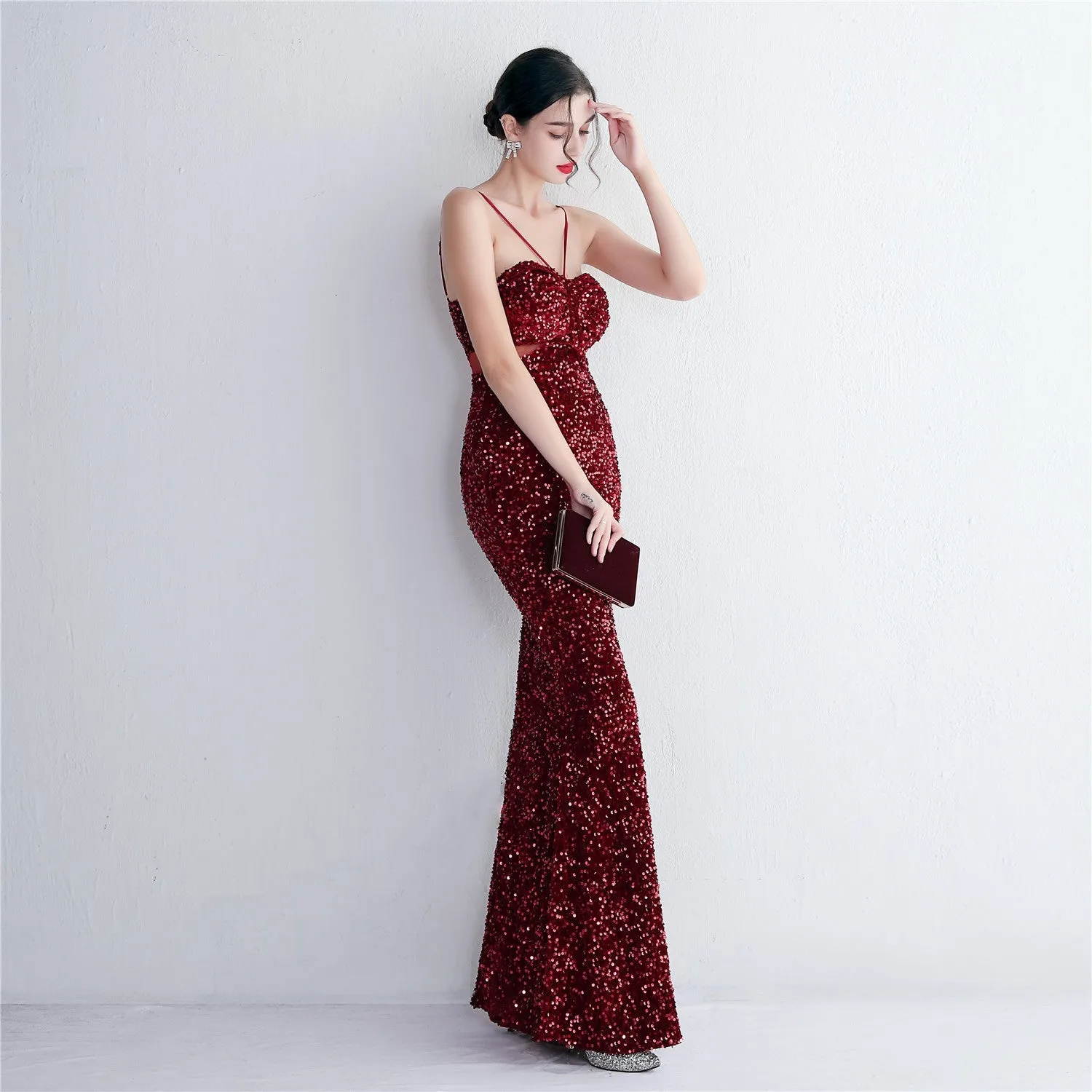 MARIAN BURGUNDY CUTOUT SEQUINS HALTER MAXI DRESS Gloria Lanvin