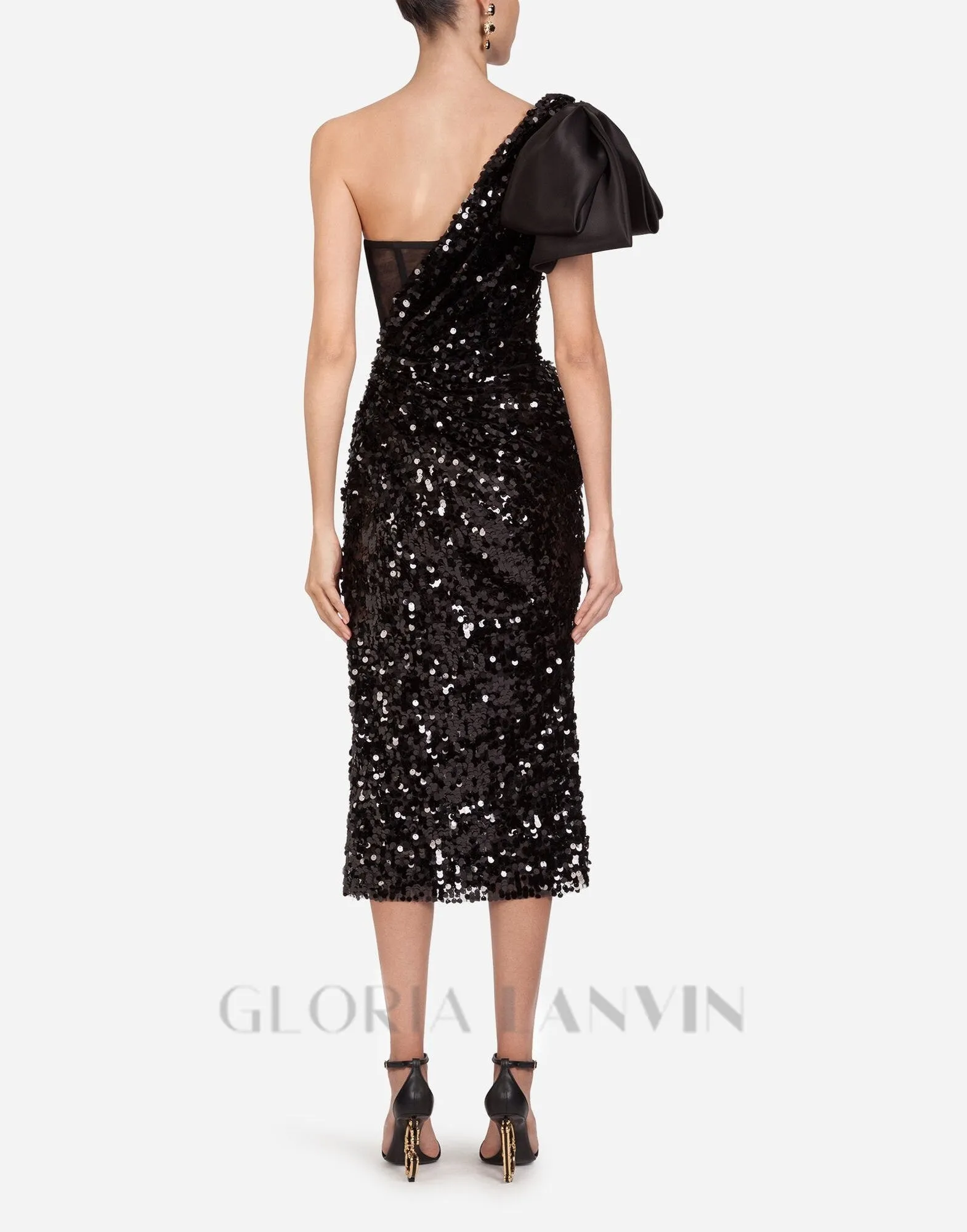 MARY BLACK SEQUINED LONGUETTE DRESS WITH BOW Gloria Lanvin