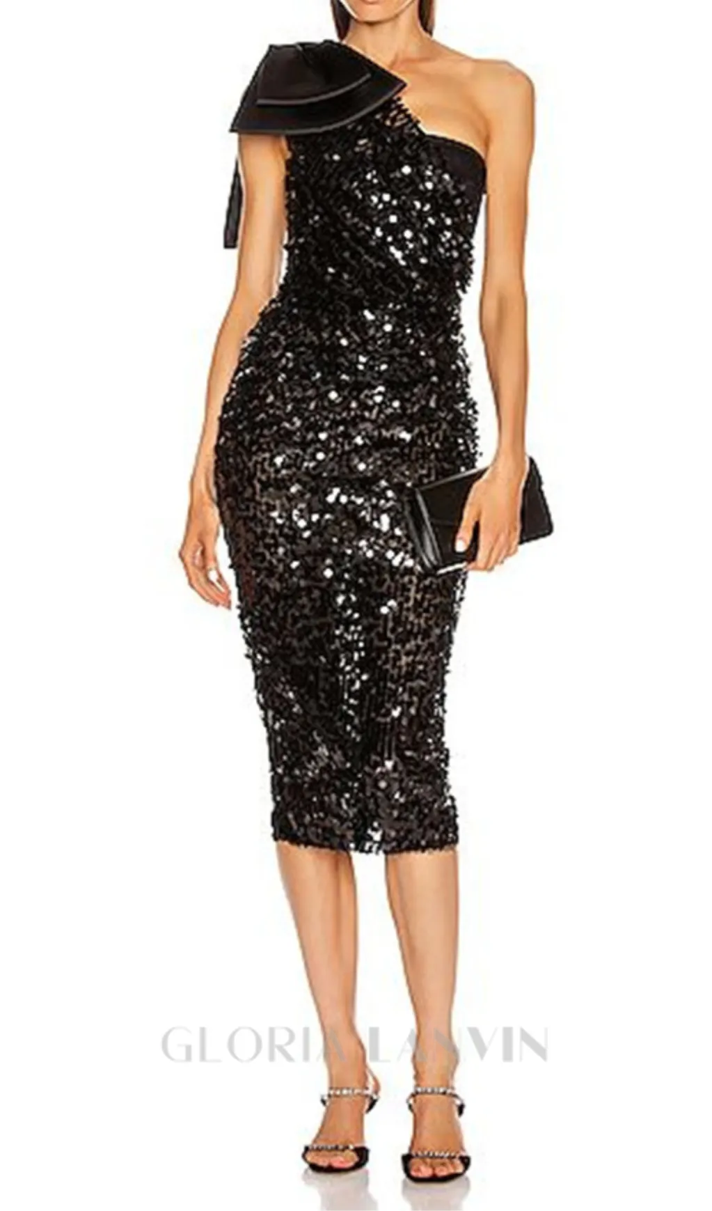 MARY BLACK SEQUINED LONGUETTE DRESS WITH BOW Gloria Lanvin