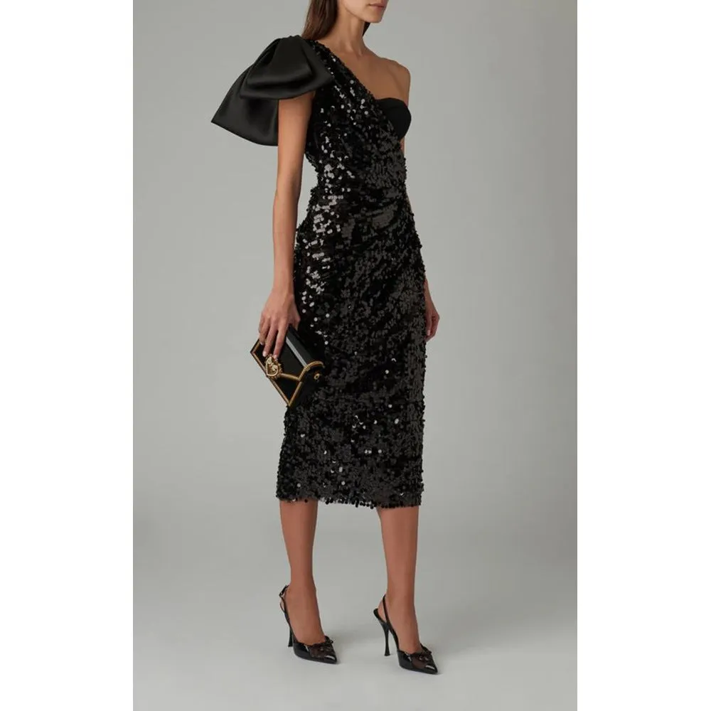MARY BLACK SEQUINED LONGUETTE DRESS WITH BOW Gloria Lanvin