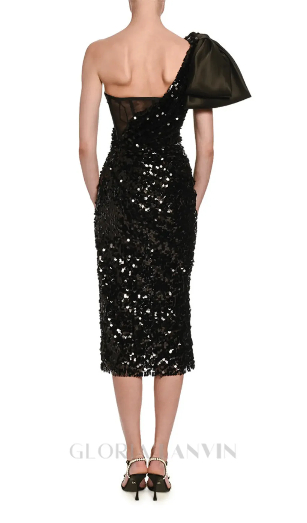 MARY BLACK SEQUINED LONGUETTE DRESS WITH BOW Gloria Lanvin