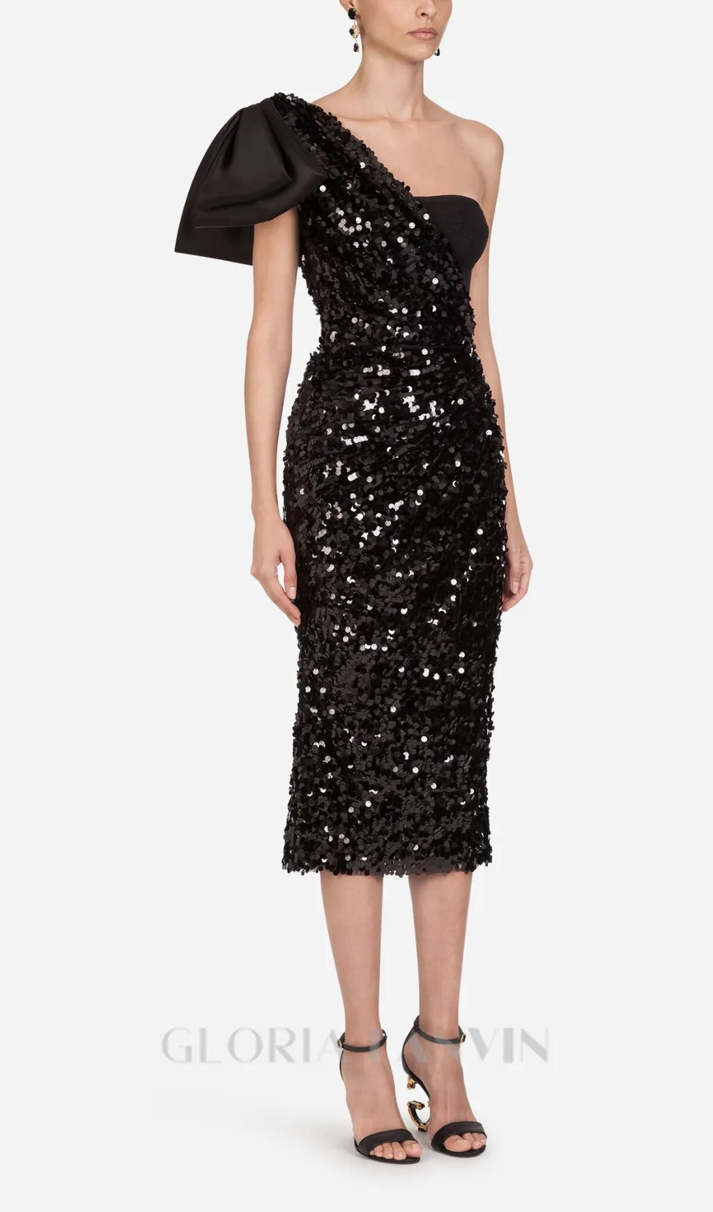 MARY BLACK SEQUINED LONGUETTE DRESS WITH BOW Gloria Lanvin