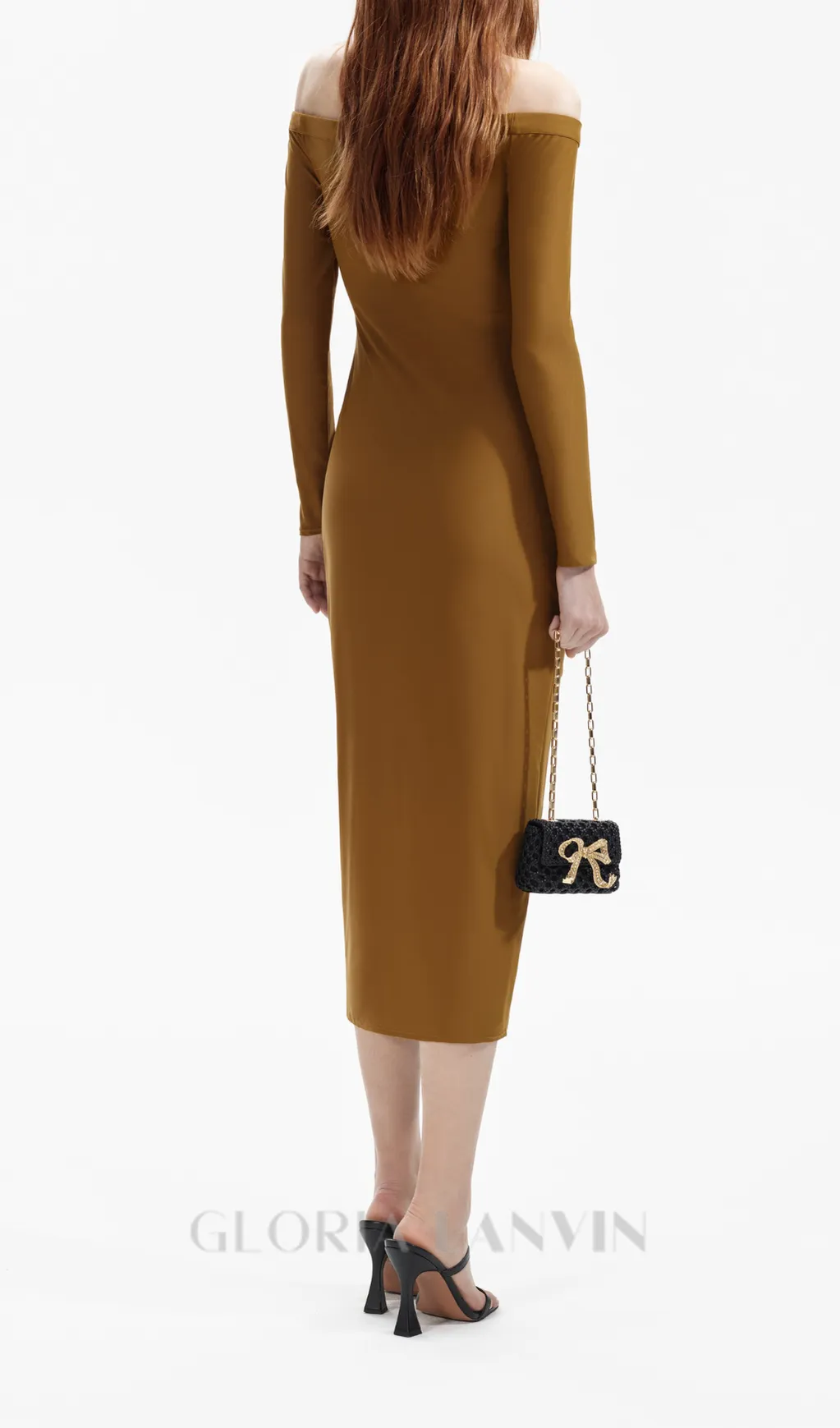 MAUREEN KHAKI JERSEY OFF SHOULDER MIDI DRESS Gloria Lanvin