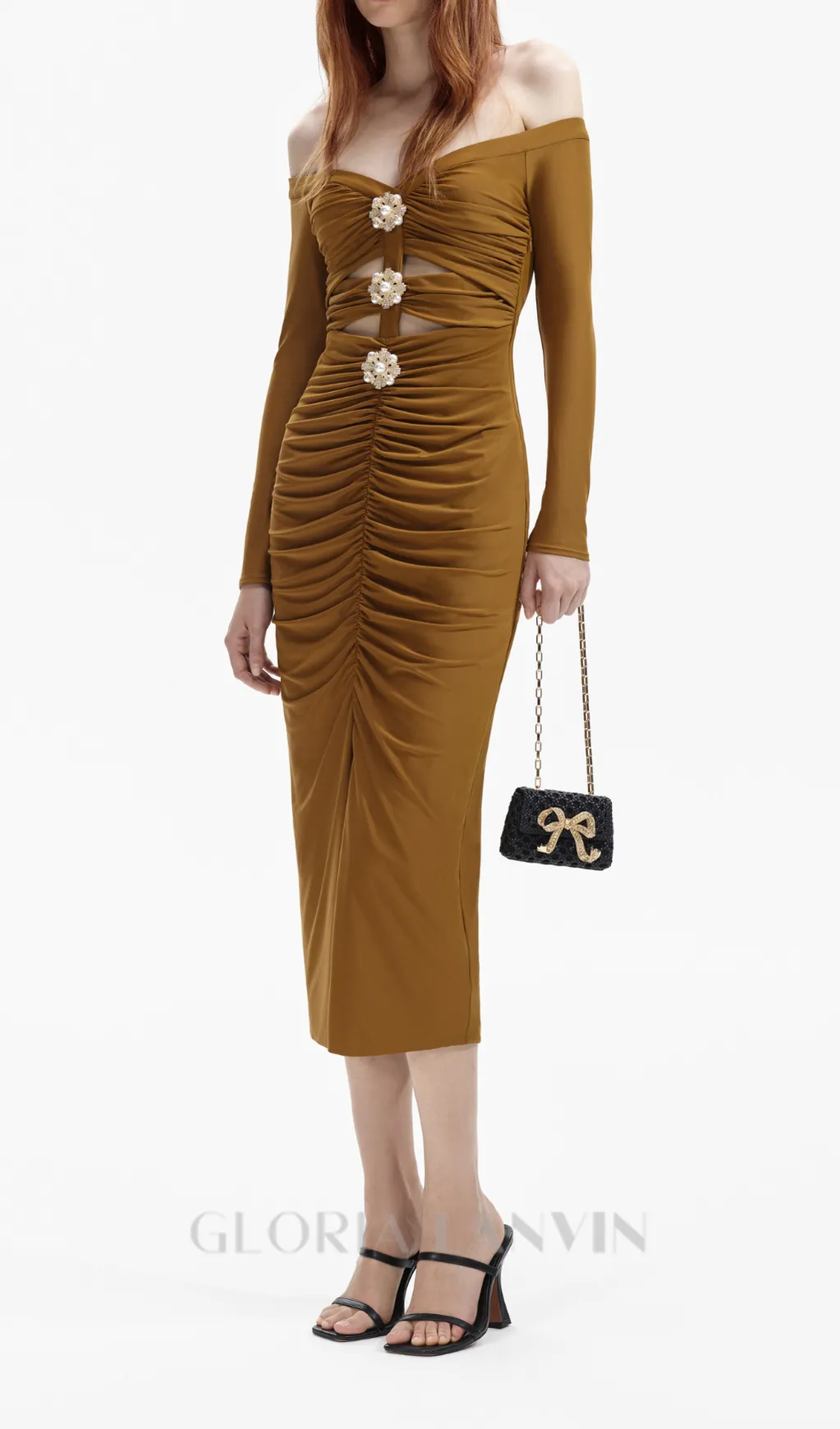 MAUREEN KHAKI JERSEY OFF SHOULDER MIDI DRESS Gloria Lanvin