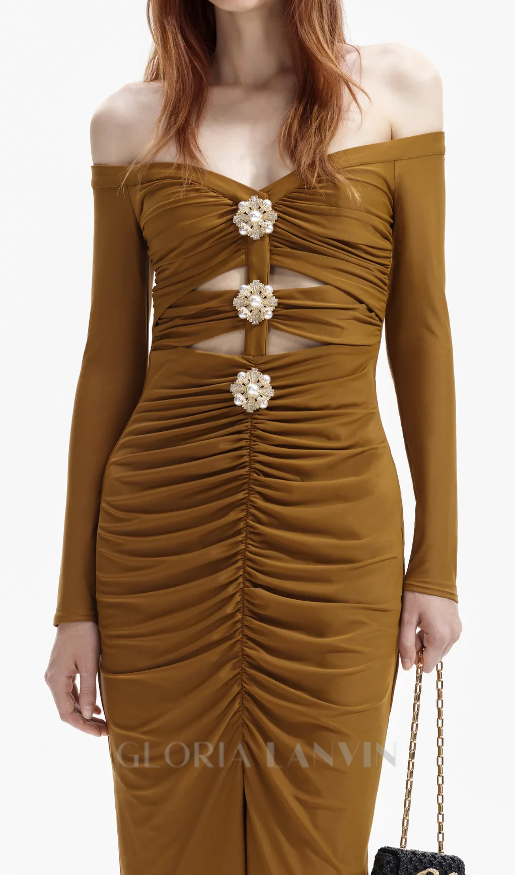 MAUREEN KHAKI JERSEY OFF SHOULDER MIDI DRESS Gloria Lanvin