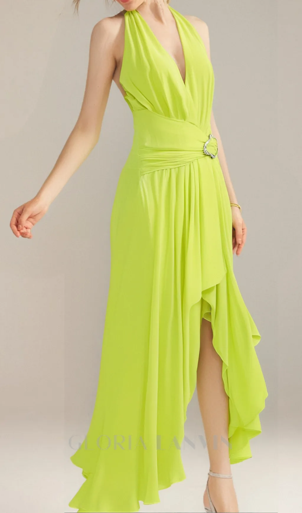 mava halter neck slit plunge neck maxi dress in green Gloria Lanvin