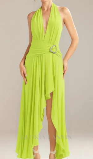 mava halter neck slit plunge neck maxi dress in green Gloria Lanvin