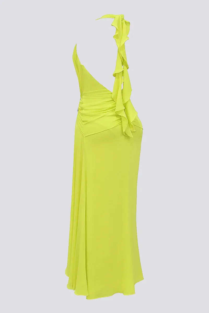 mava halter neck slit plunge neck maxi dress in green Gloria Lanvin