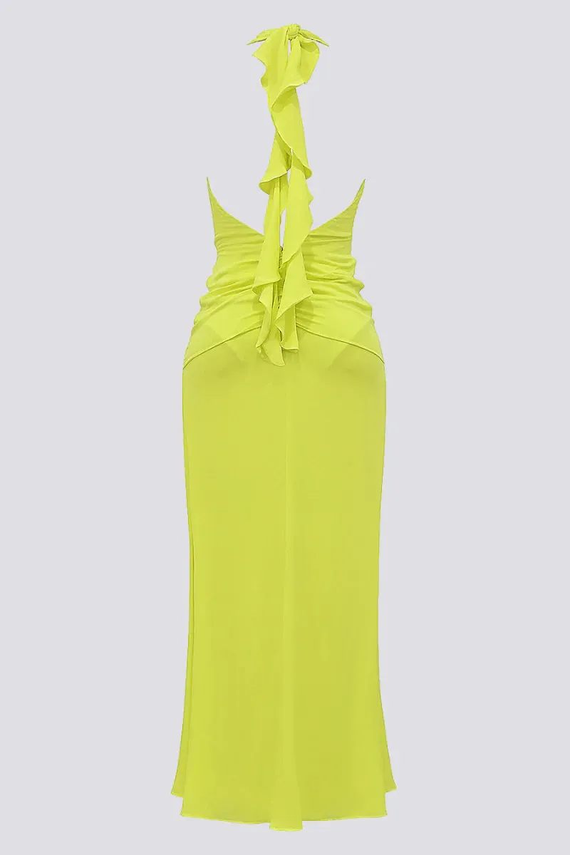 mava halter neck slit plunge neck maxi dress in green Gloria Lanvin