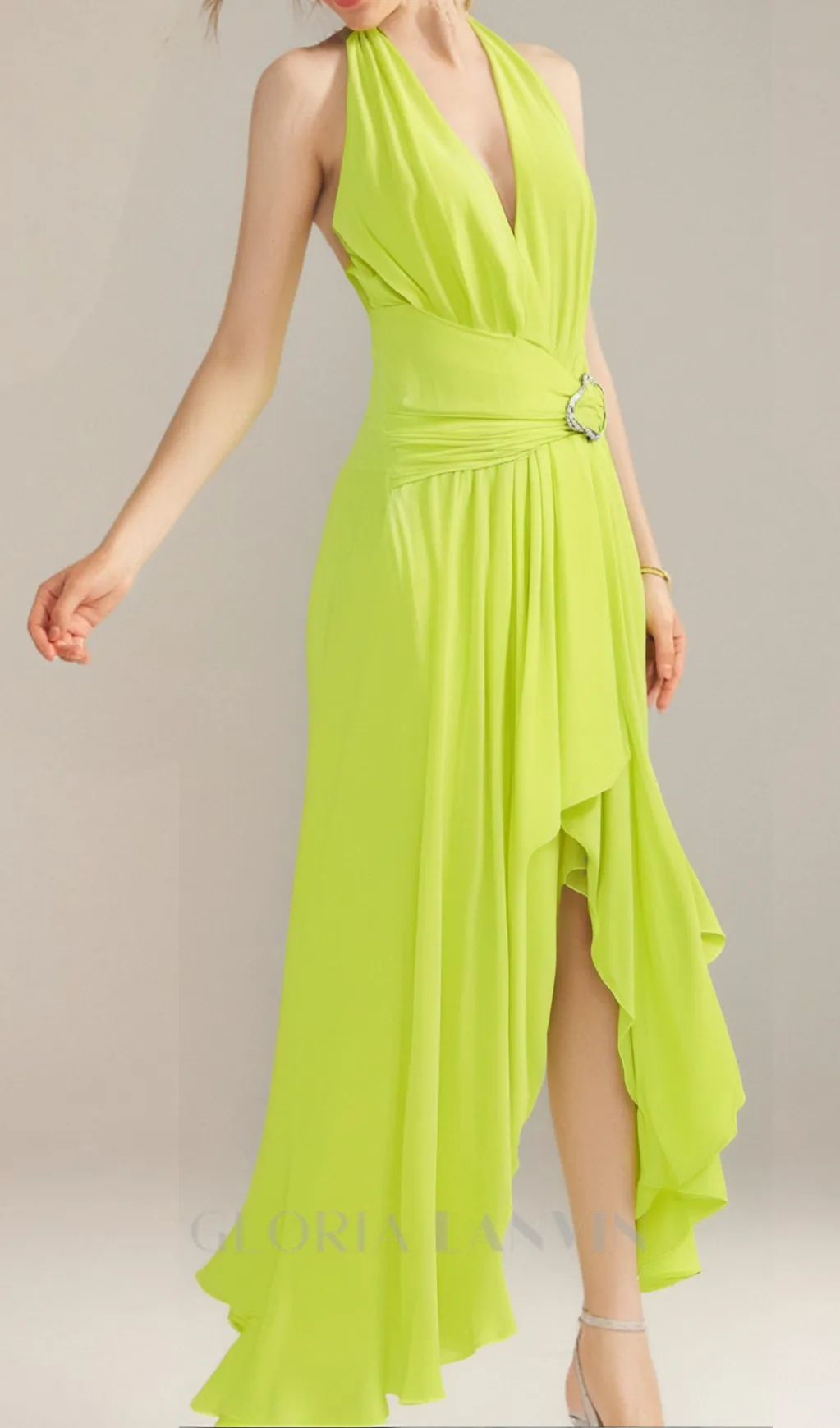 mava halter neck slit plunge neck maxi dress in green Gloria Lanvin