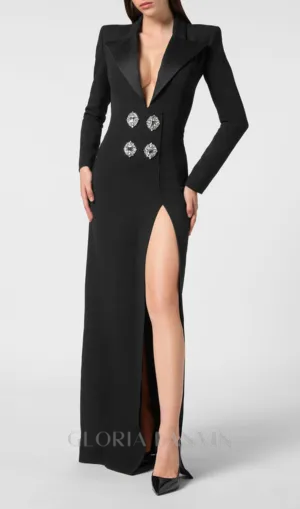 melissa v neck long blazer dress in black Gloria Lanvin