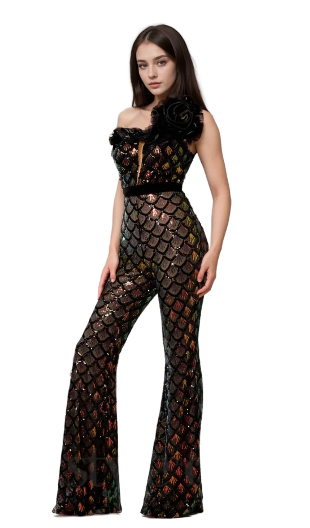 Mermaid Scale Floral One-Shoulder Sequin Jumpsuit Gloria Lanvin