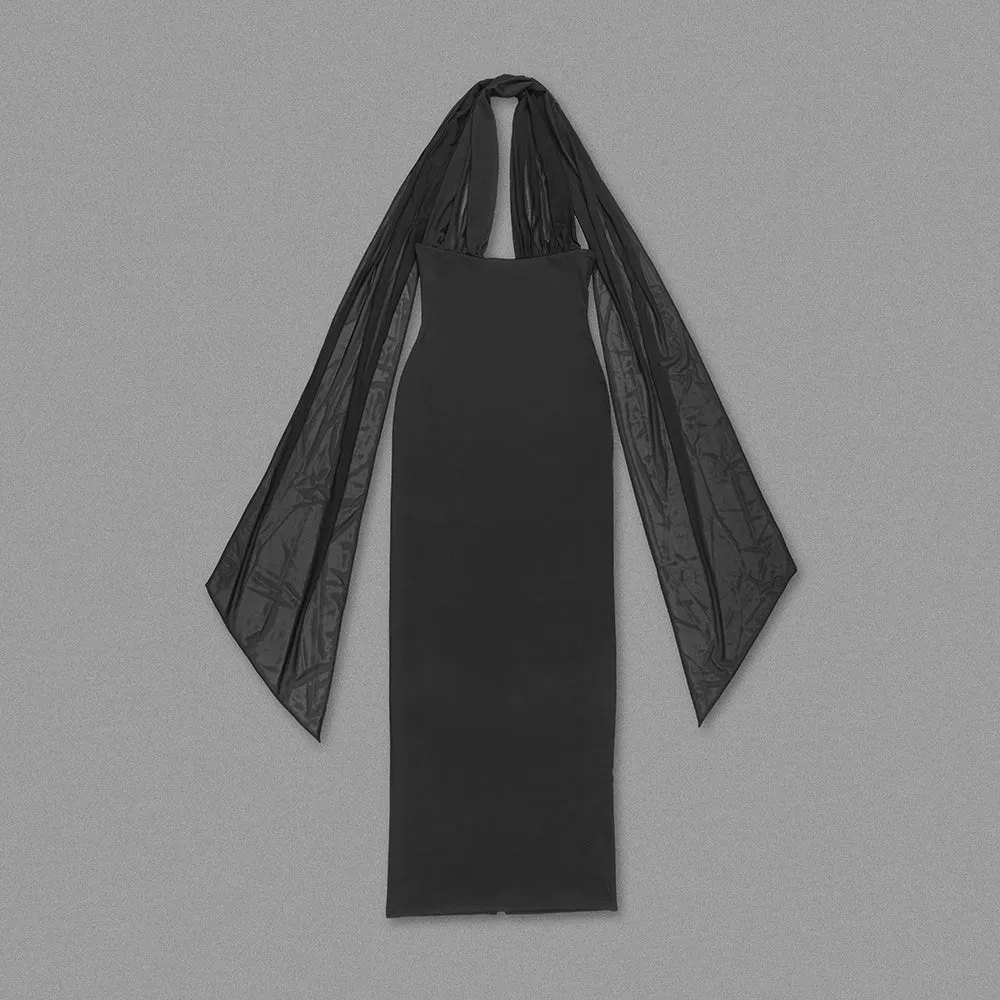 MERRY BLACK SHEER MESH UPPER PONTE LOWER MAXI DRESS Gloria Lanvin