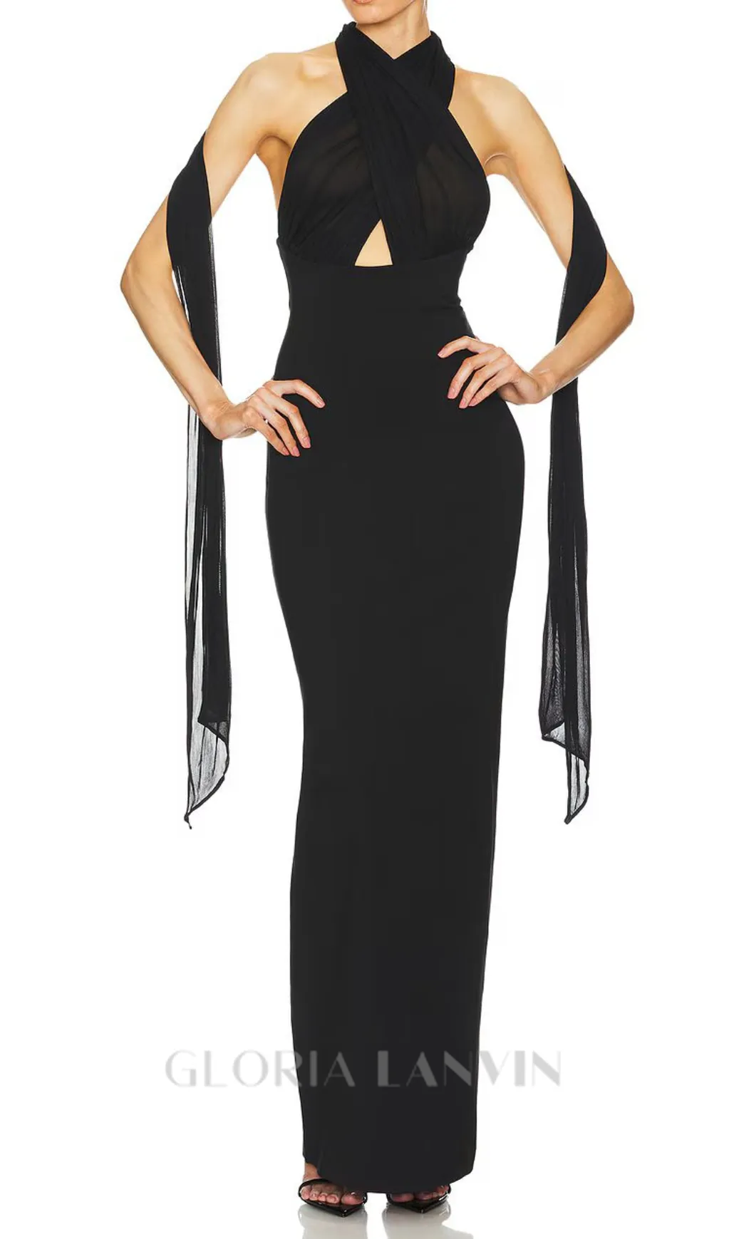 MERRY BLACK SHEER MESH UPPER PONTE LOWER MAXI DRESS Gloria Lanvin