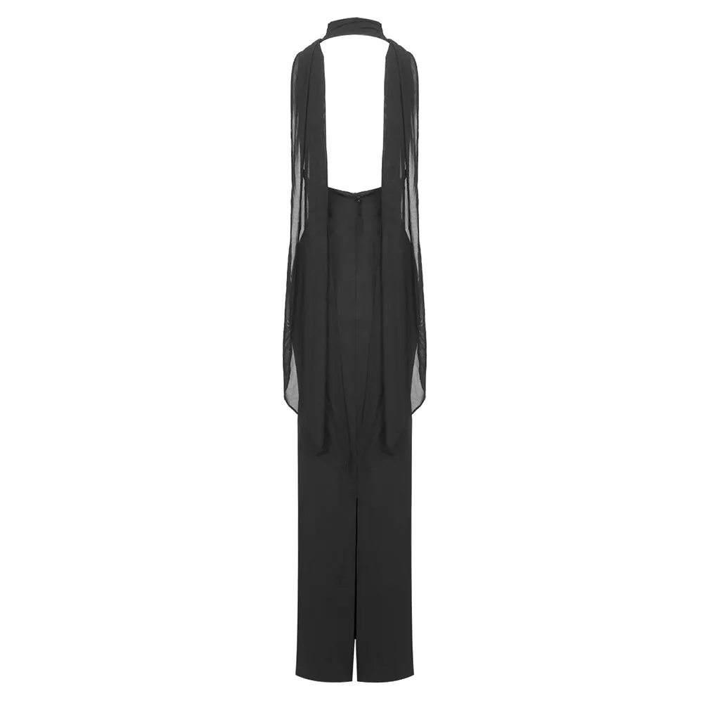 MERRY BLACK SHEER MESH UPPER PONTE LOWER MAXI DRESS Gloria Lanvin