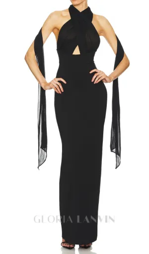 MERRY BLACK SHEER MESH UPPER PONTE LOWER MAXI DRESS Gloria Lanvin