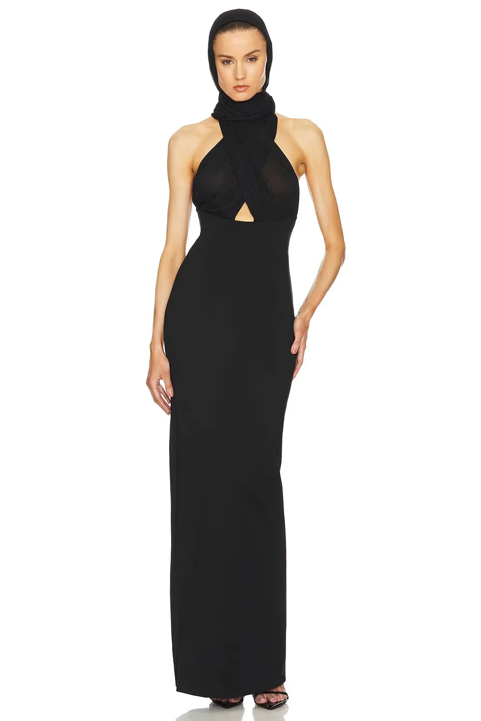 MERRY BLACK SHEER MESH UPPER PONTE LOWER MAXI DRESS Gloria Lanvin