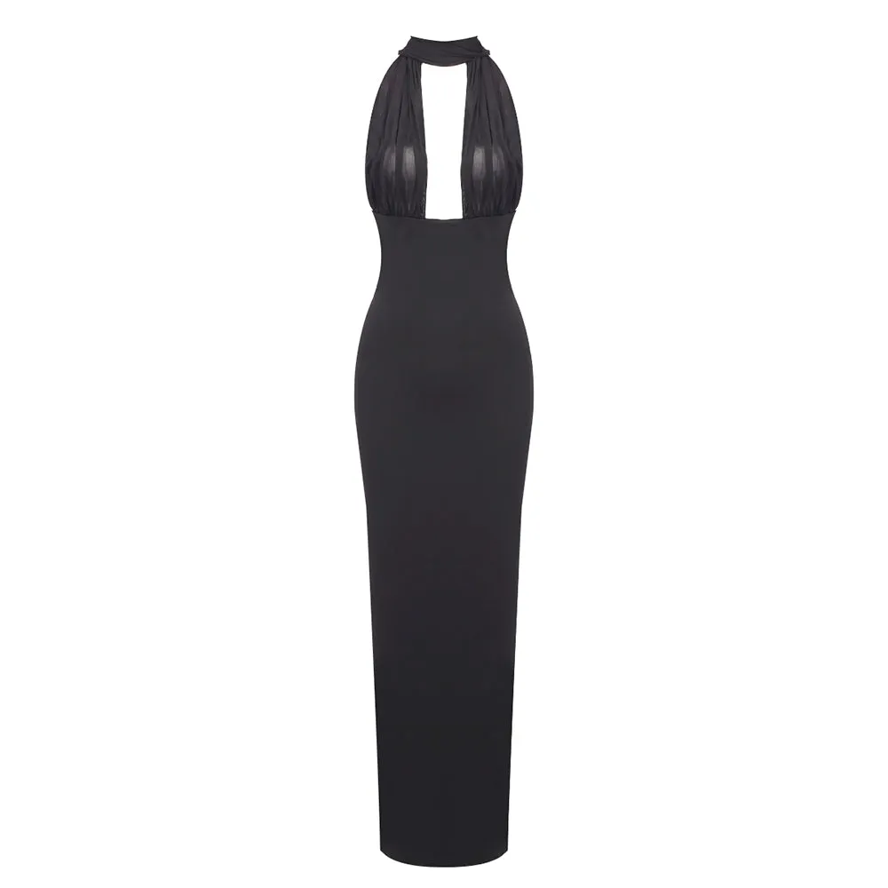 MERRY BLACK SHEER MESH UPPER PONTE LOWER MAXI DRESS Gloria Lanvin