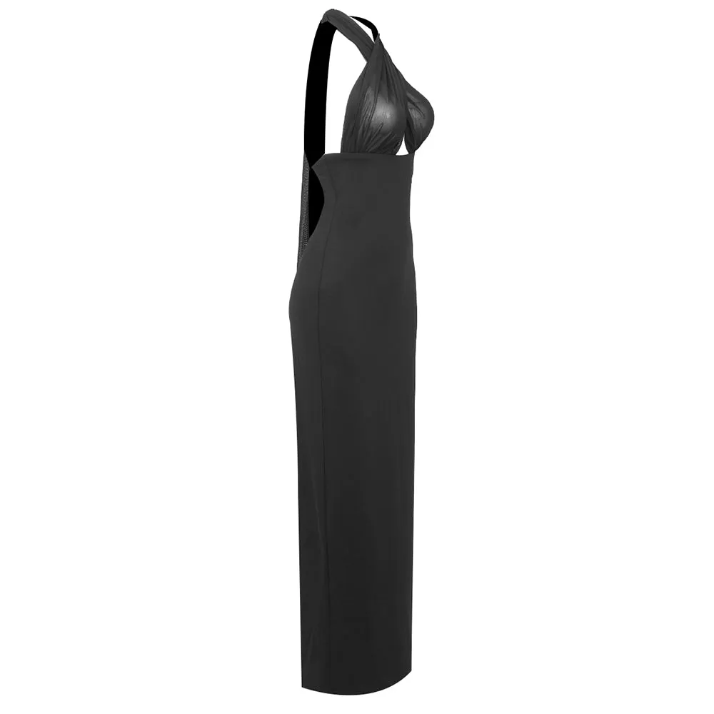MERRY BLACK SHEER MESH UPPER PONTE LOWER MAXI DRESS Gloria Lanvin