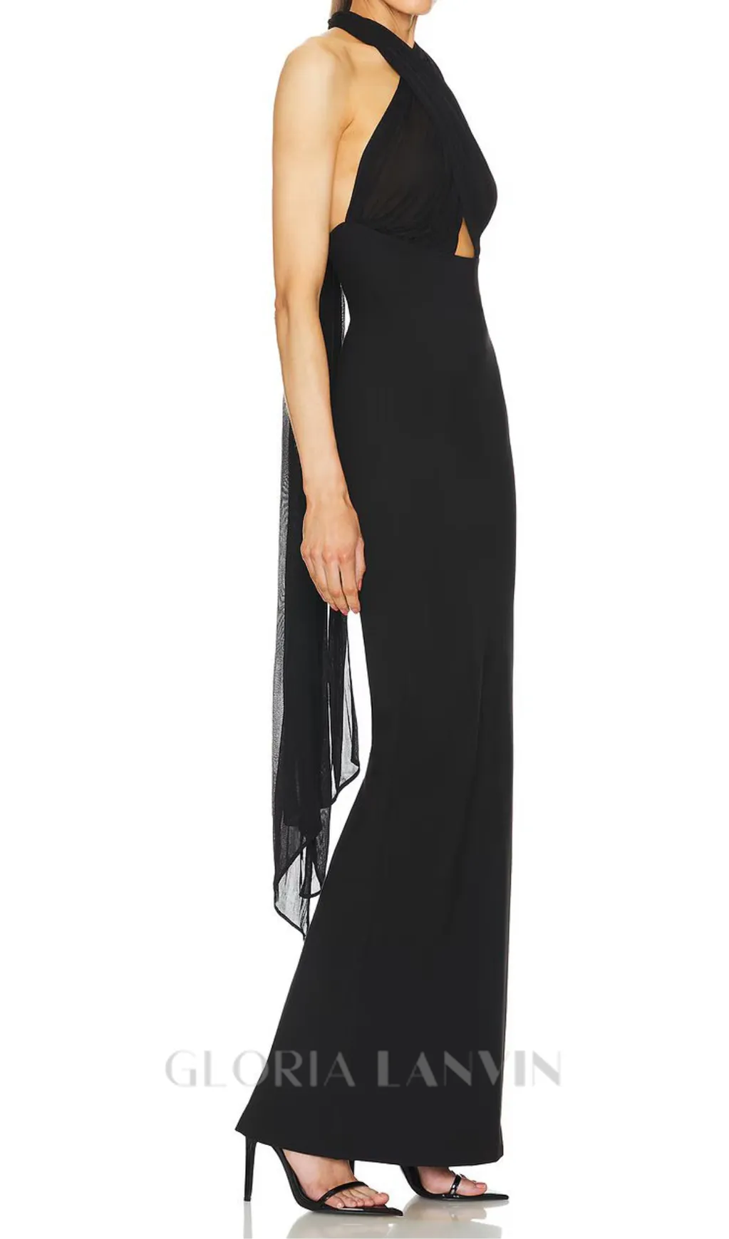 MERRY BLACK SHEER MESH UPPER PONTE LOWER MAXI DRESS Gloria Lanvin