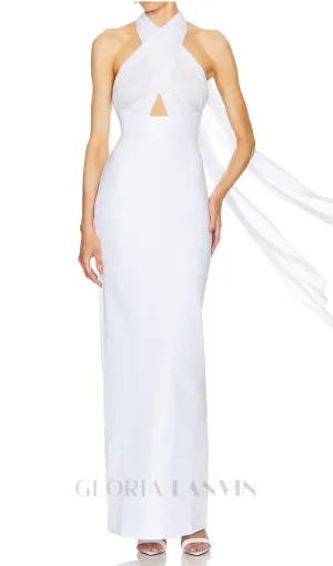 MERRY WHITE SHEER MESH UPPER PONTE LOWER MAXI DRESS Gloria Lanvin