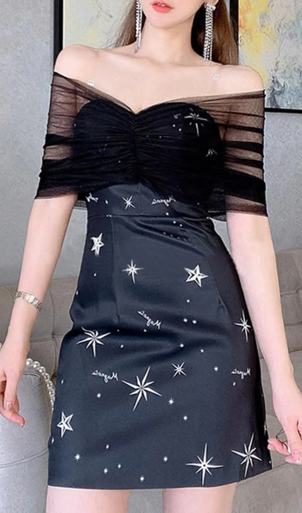 MESH BATEAU COLLAR DETACHABLE SHOULDER STRAP HIP WRAP DRESS Gloria Lanvin