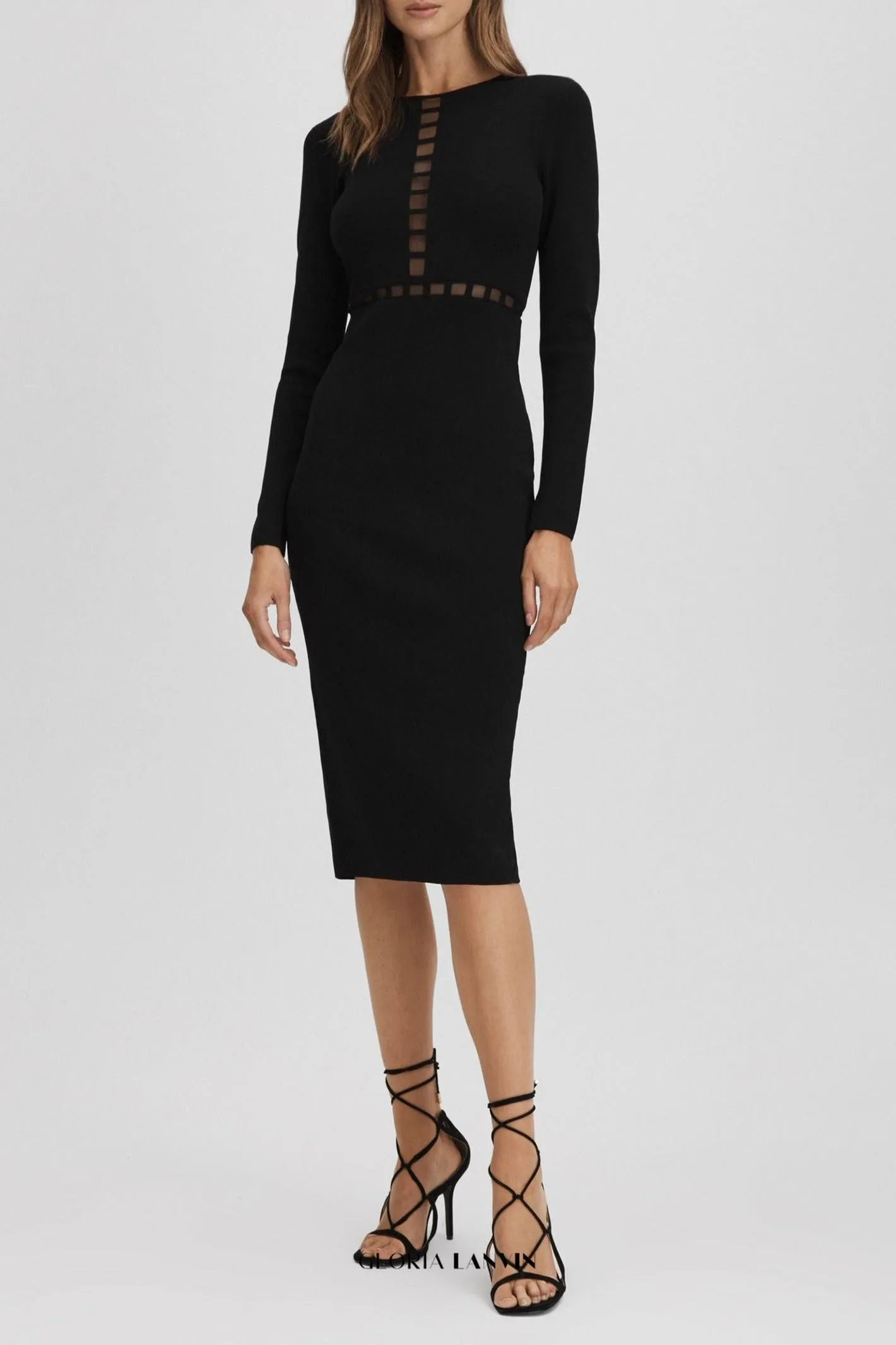 Mesh Detail Midi Dress in Black Gloria Lanvin