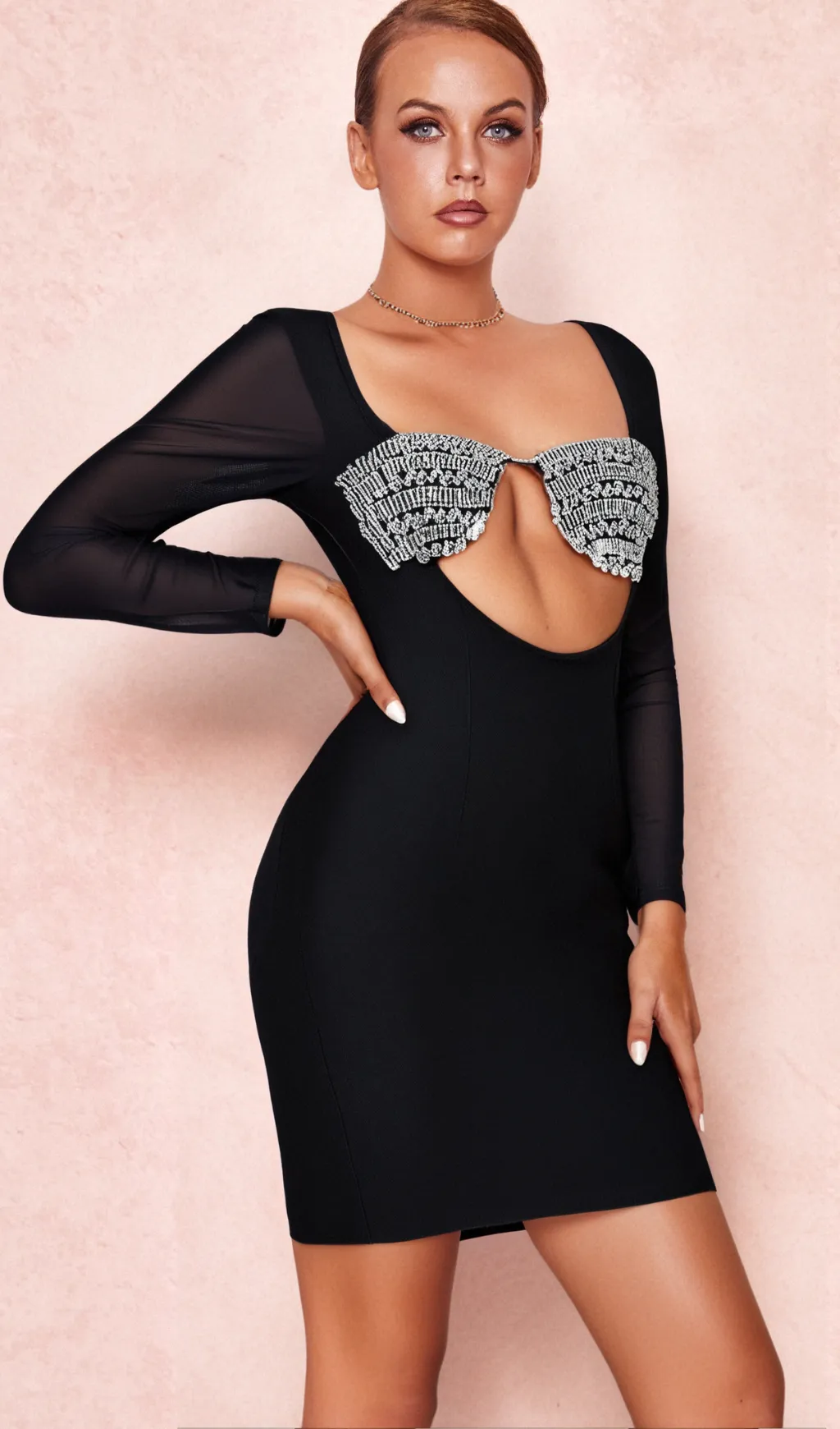 MESH-SLEEVE CRYSTAL BUSTIER BANDAGE DRESS IN BLACK Gloria Lanvin