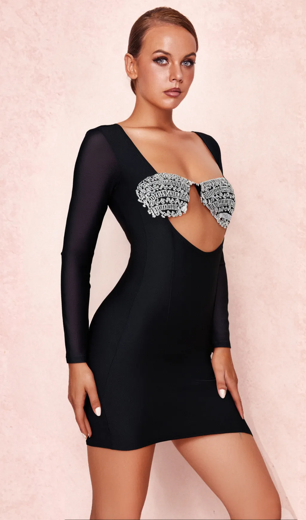 MESH-SLEEVE CRYSTAL BUSTIER BANDAGE DRESS IN BLACK Gloria Lanvin