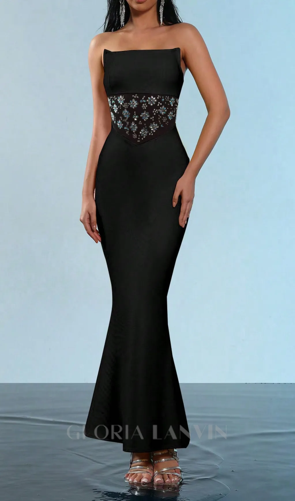 mesh splice rhinestone decor black maxi bandage dress Gloria Lanvin