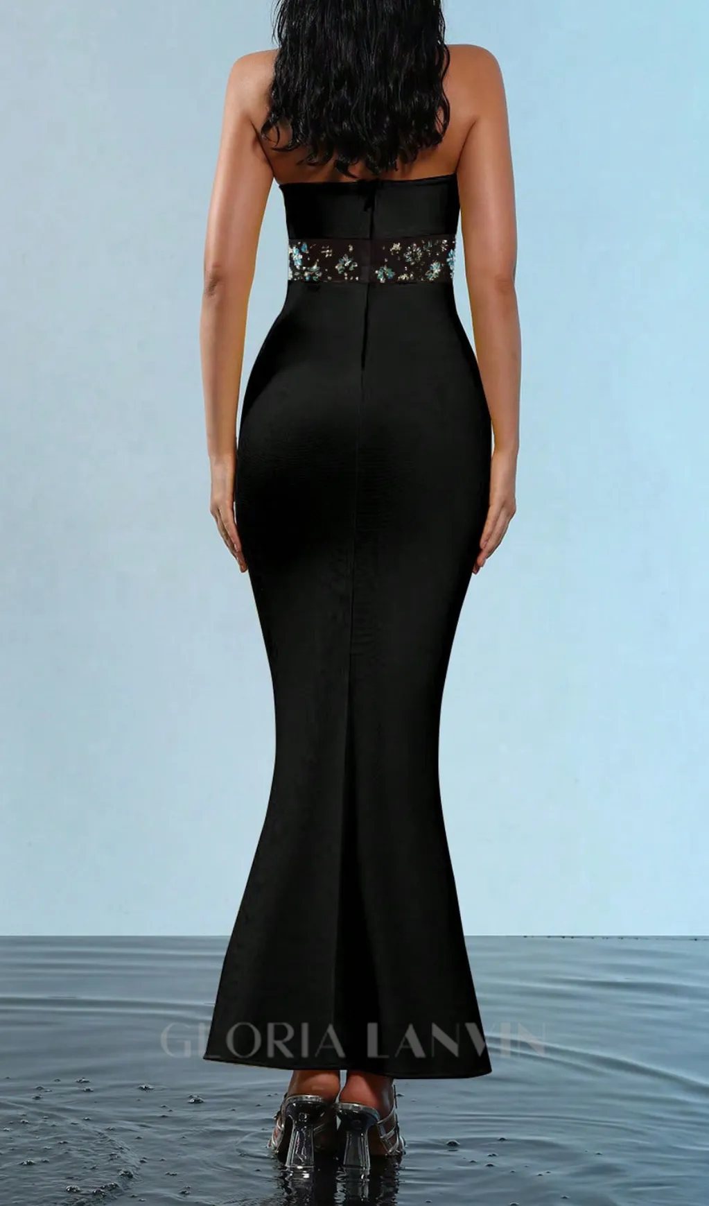 mesh splice rhinestone decor black maxi bandage dress Gloria Lanvin