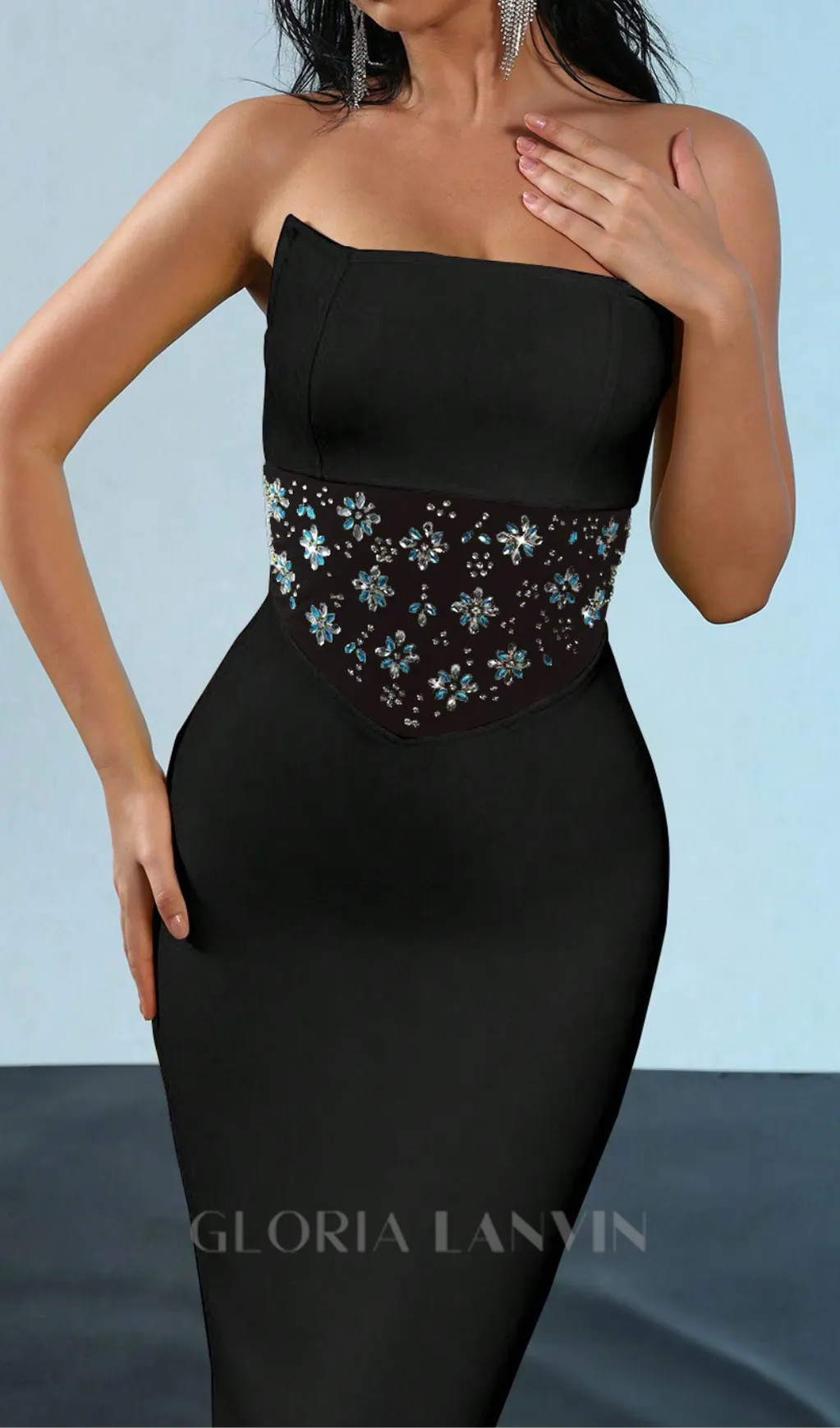 mesh splice rhinestone decor black maxi bandage dress Gloria Lanvin