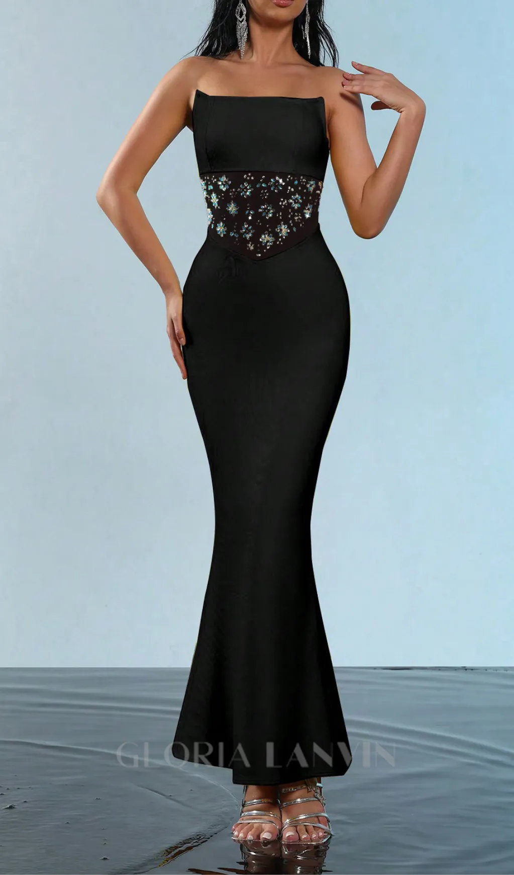 mesh splice rhinestone decor black maxi bandage dress Gloria Lanvin