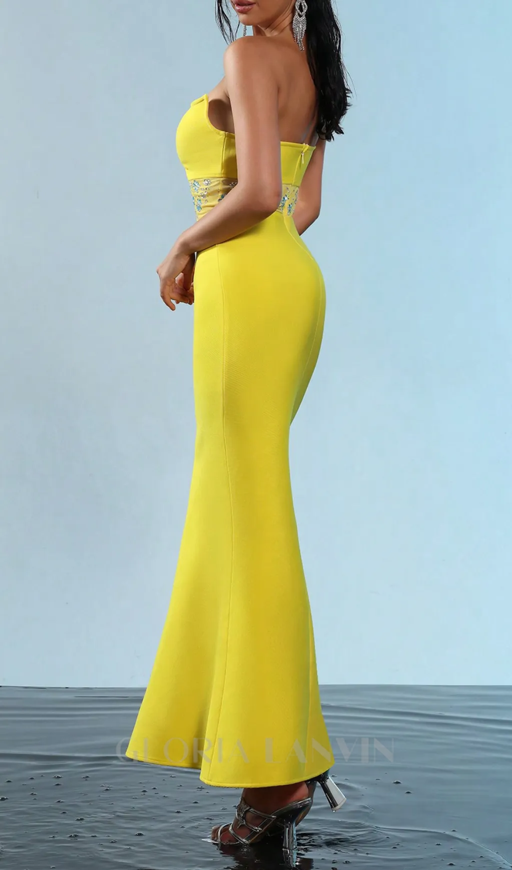 mesh splice rhinestone decor yellow maxi bandage dress Gloria Lanvin