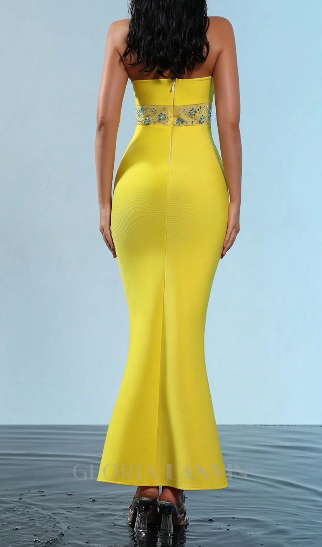 mesh splice rhinestone decor yellow maxi bandage dress Gloria Lanvin