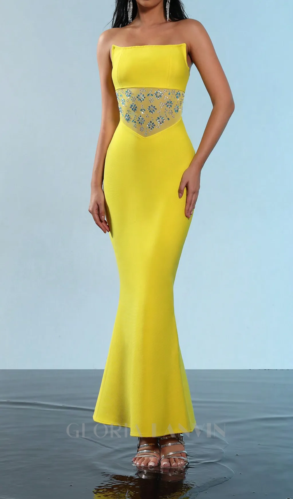 mesh splice rhinestone decor yellow maxi bandage dress Gloria Lanvin