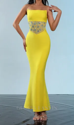mesh splice rhinestone decor yellow maxi bandage dress Gloria Lanvin