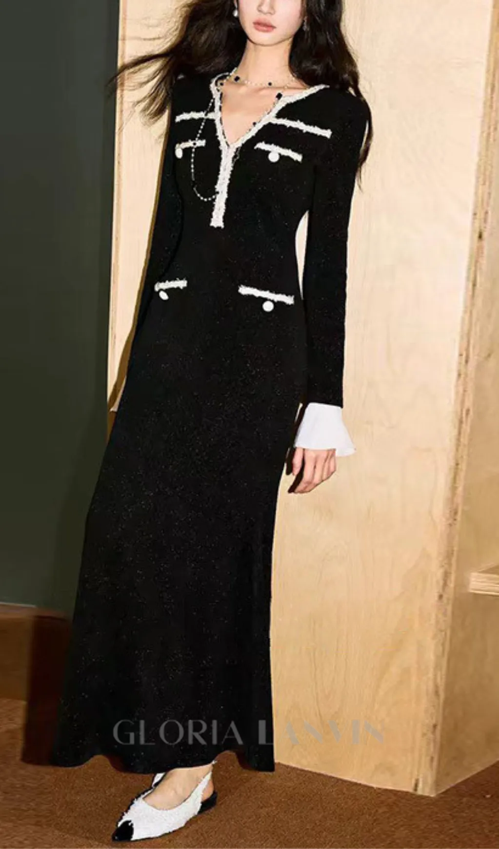 Metallic Yarn Velvet Midi Dress in black Gloria Lanvin