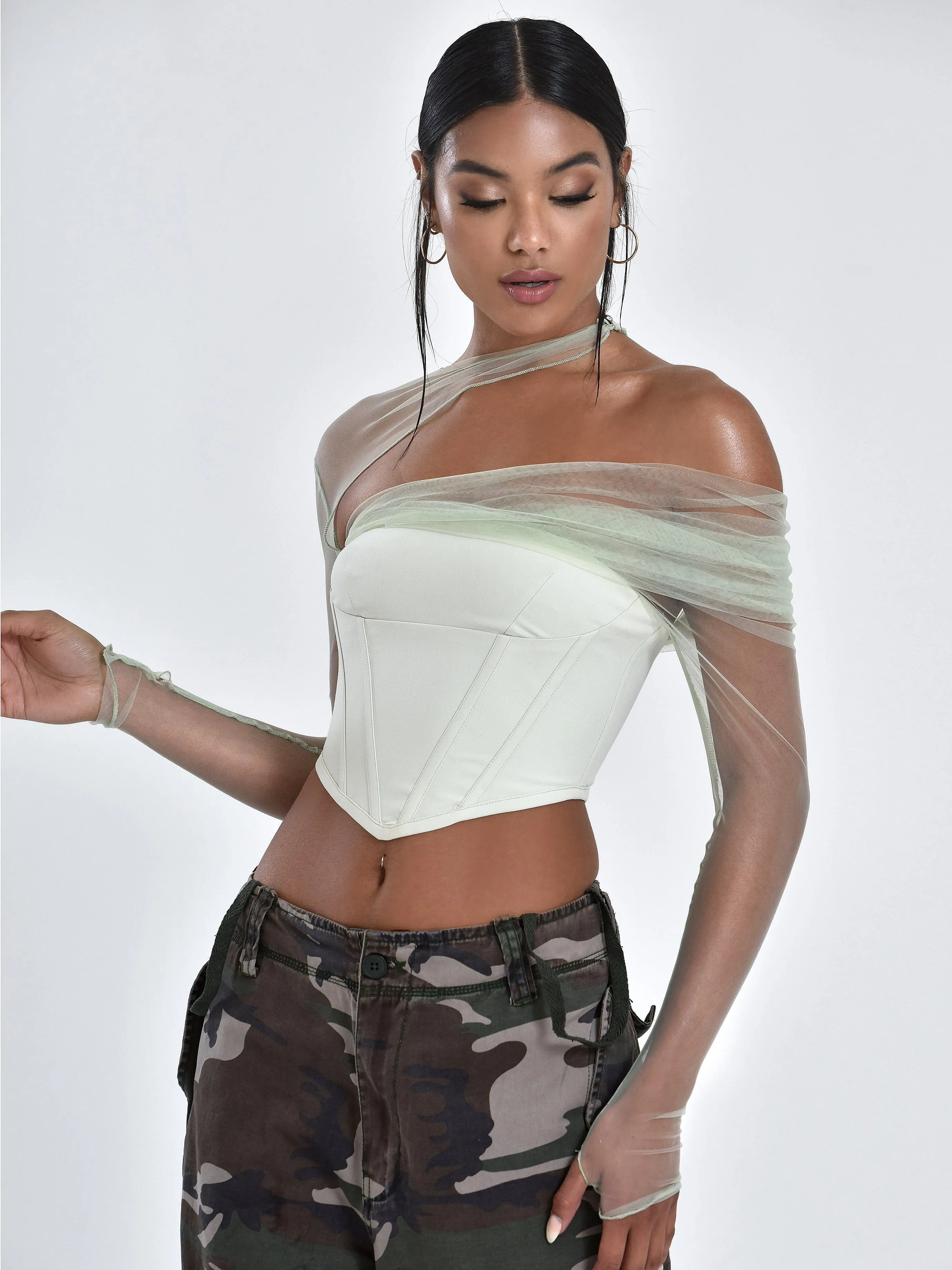 MIAH MINT STRETCH MESH SLEEVE CORSET TOP Gloria Lanvin