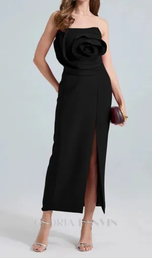 michelle 3d flower strapless midi dress in black Gloria Lanvin