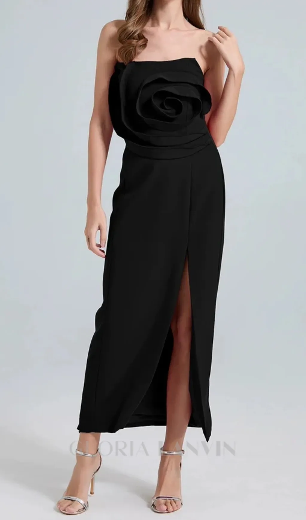 michelle 3d flower strapless midi dress in black Gloria Lanvin