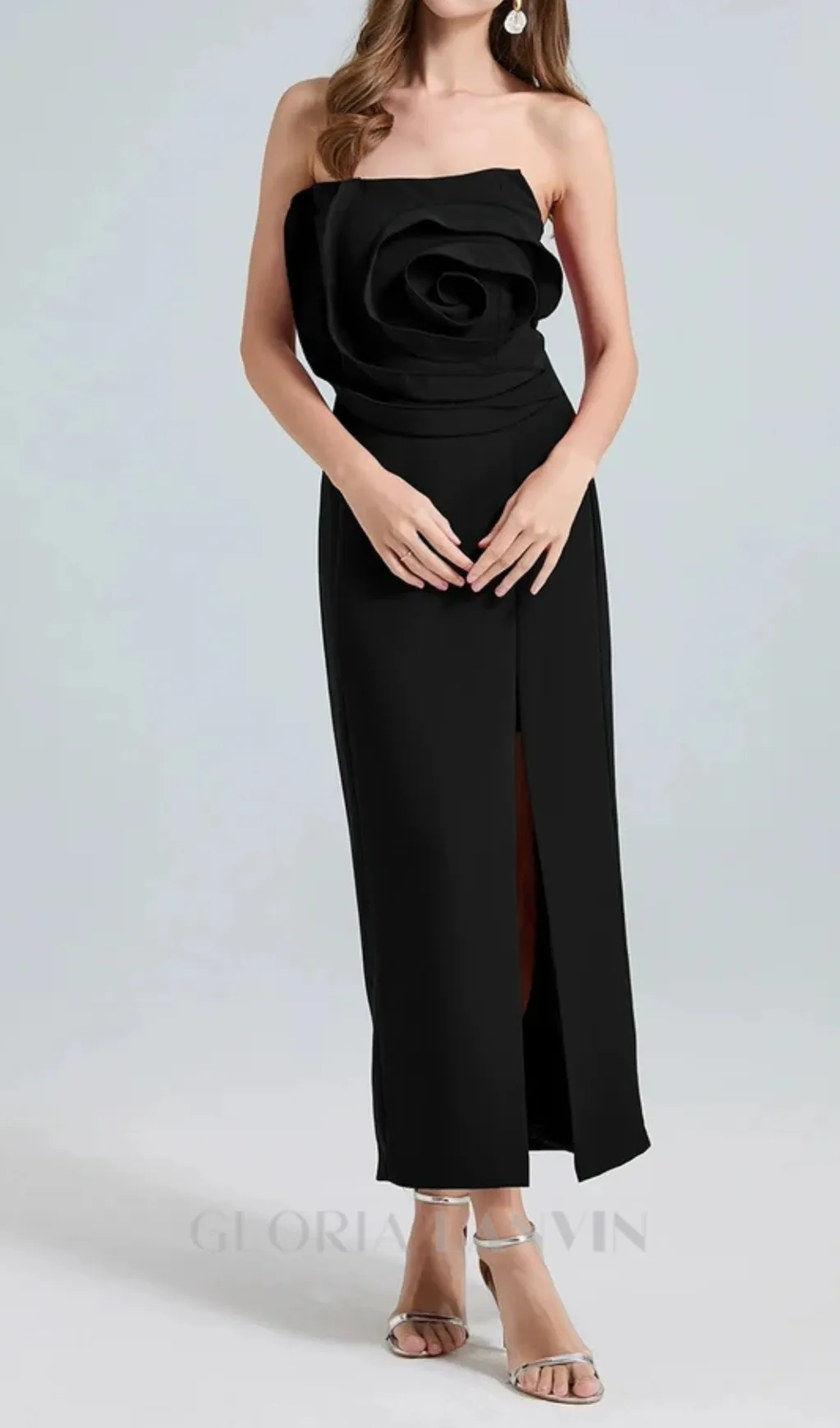 michelle 3d flower strapless midi dress in black Gloria Lanvin
