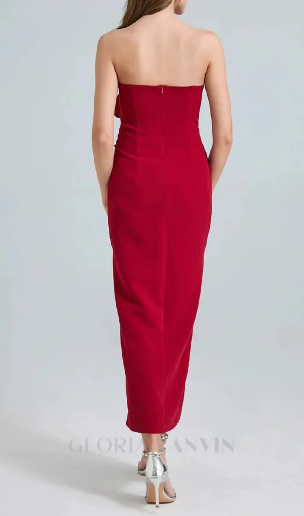 michelle 3d flower strapless midi dress in red Gloria Lanvin