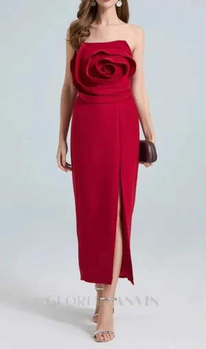 michelle 3d flower strapless midi dress in red Gloria Lanvin