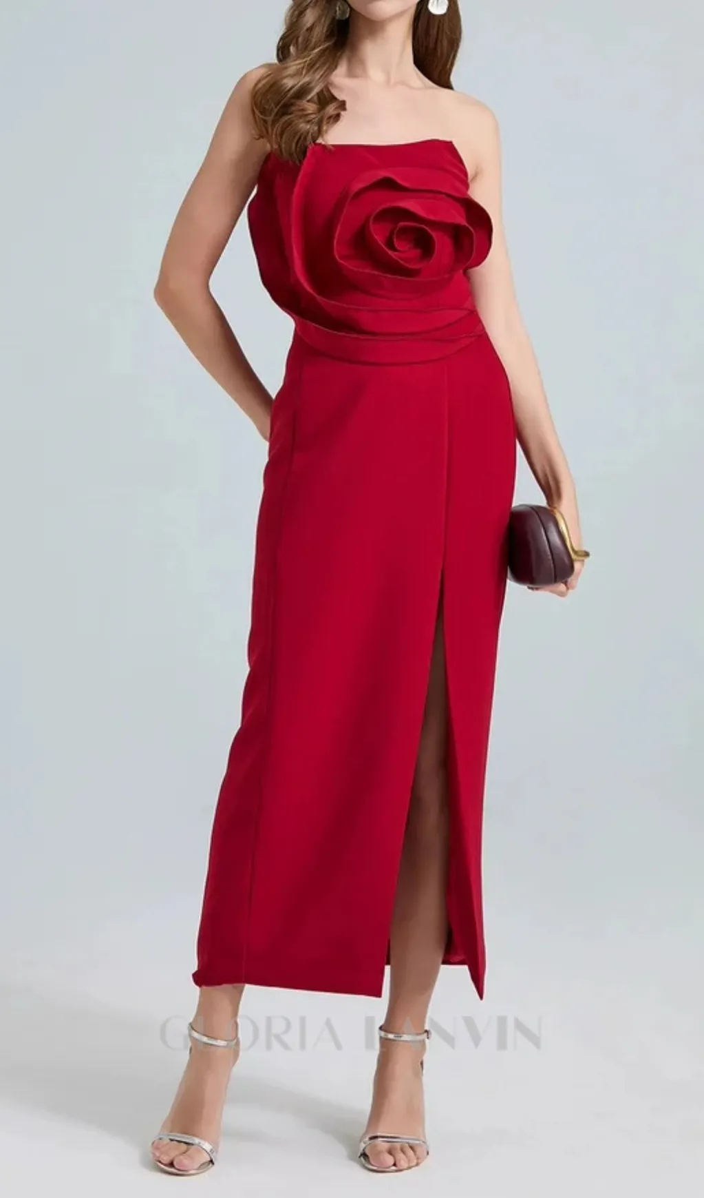 michelle 3d flower strapless midi dress in red Gloria Lanvin