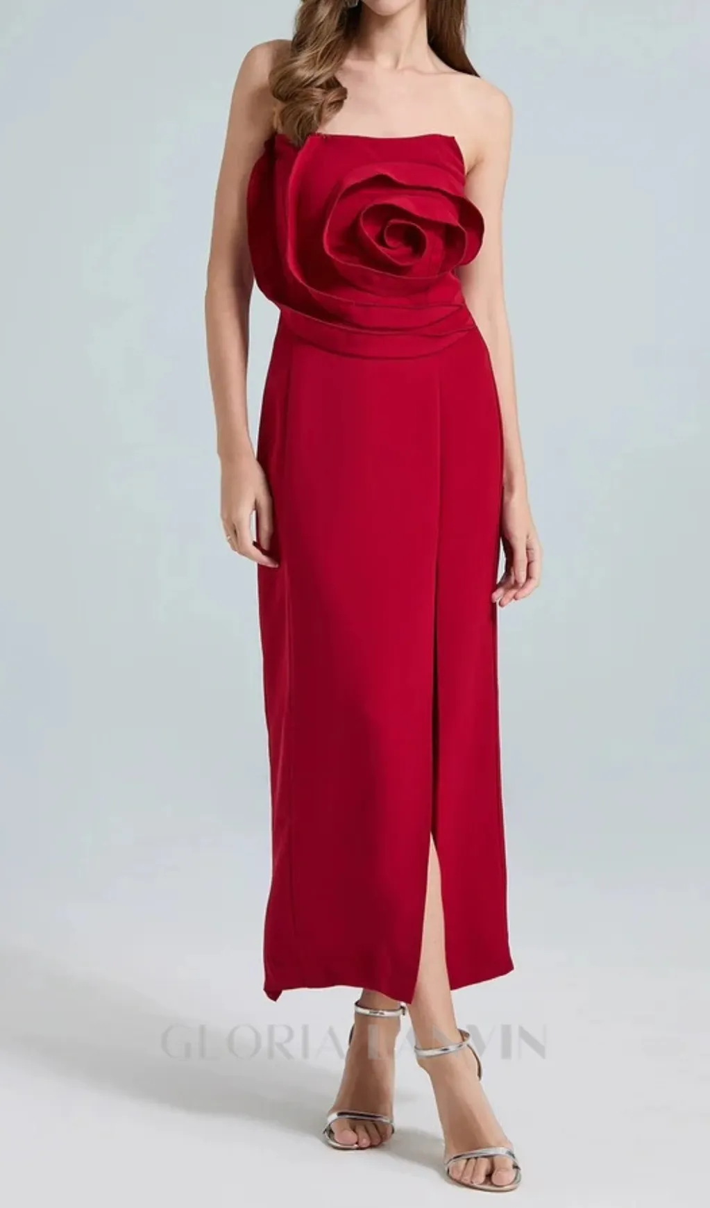 michelle 3d flower strapless midi dress in red Gloria Lanvin