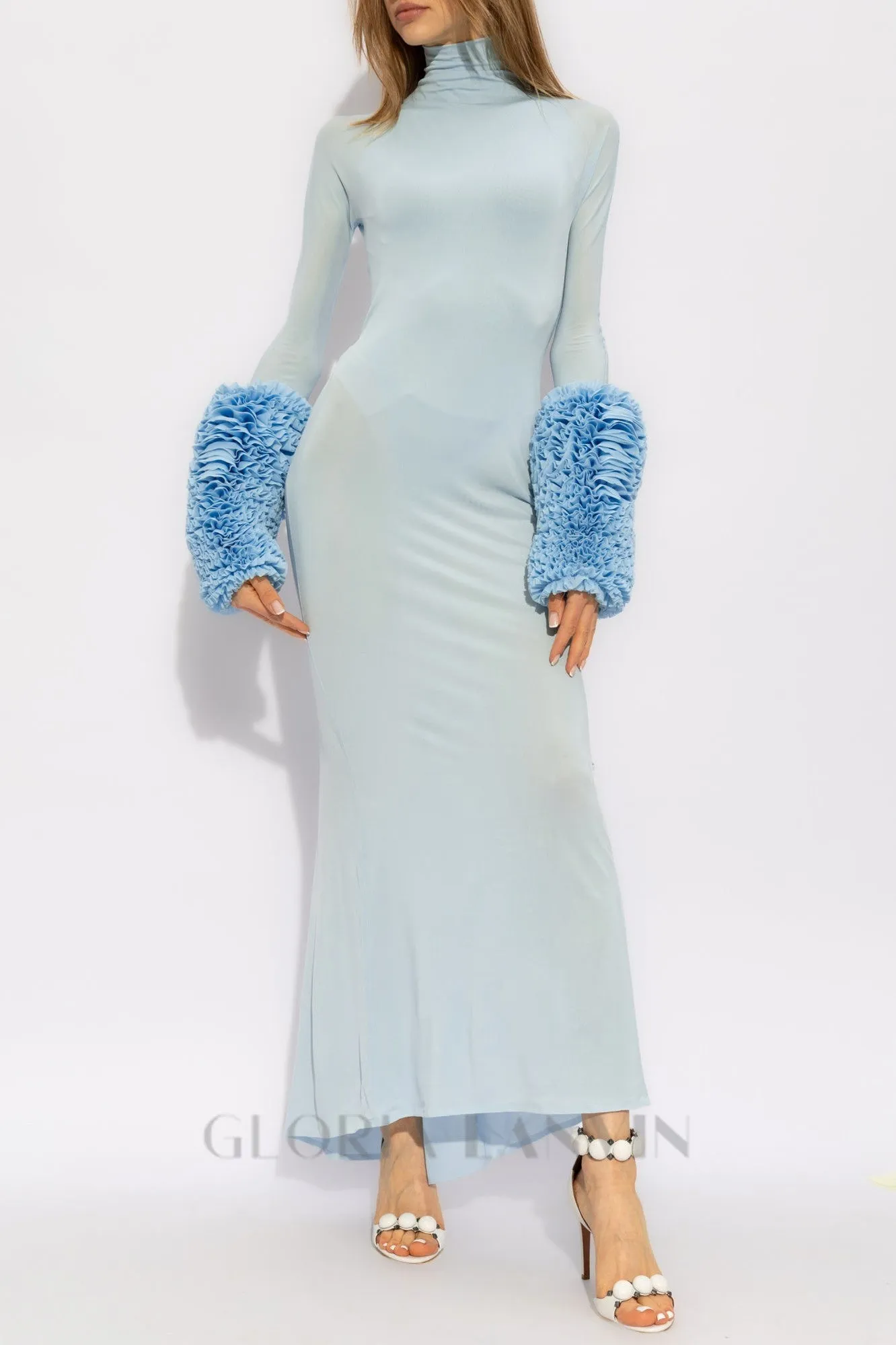 MICHELLE RUFFLED TURTLENECK MAXI DRESS IN PALE BLUE Gloria Lanvin