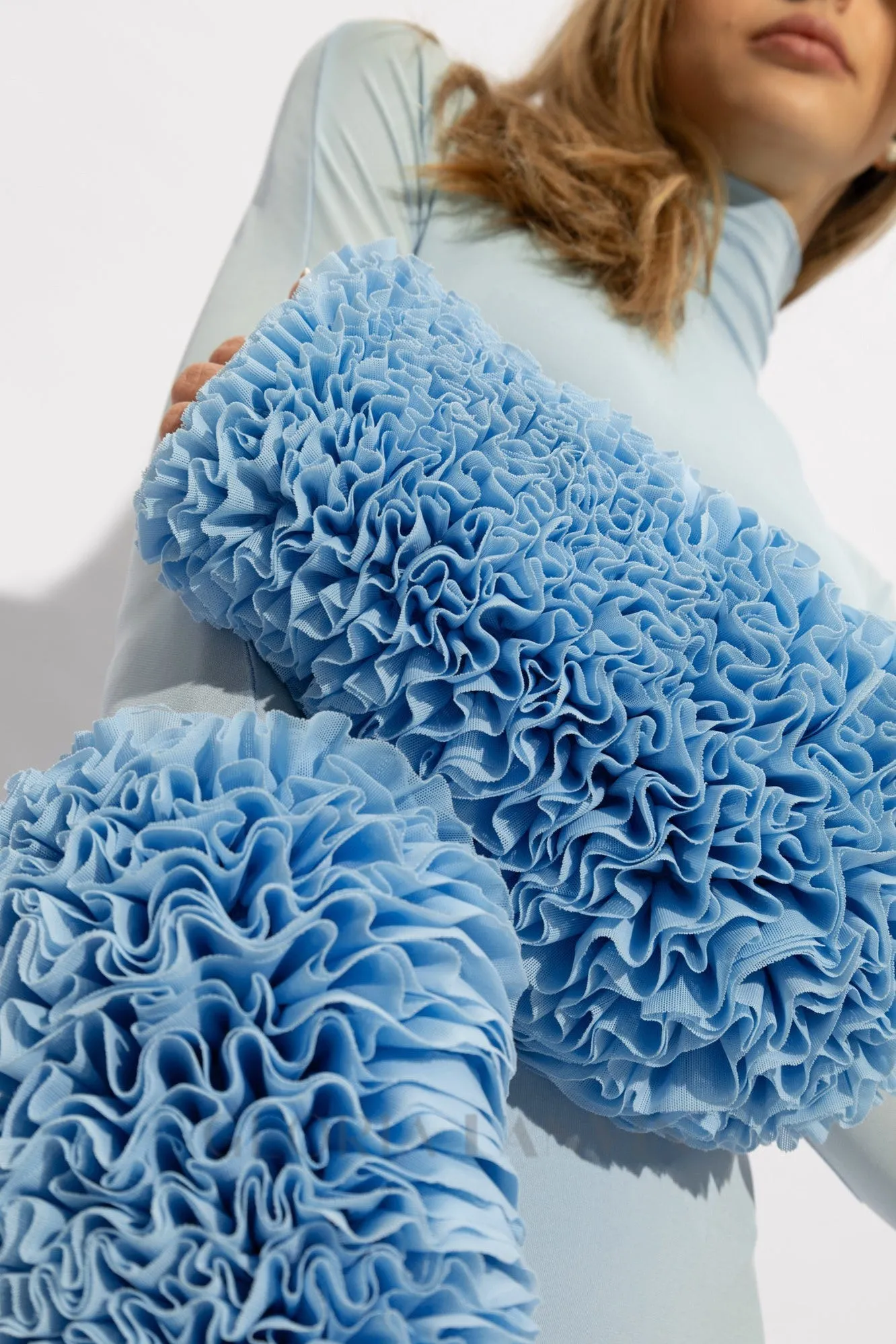 MICHELLE RUFFLED TURTLENECK MAXI DRESS IN PALE BLUE Gloria Lanvin