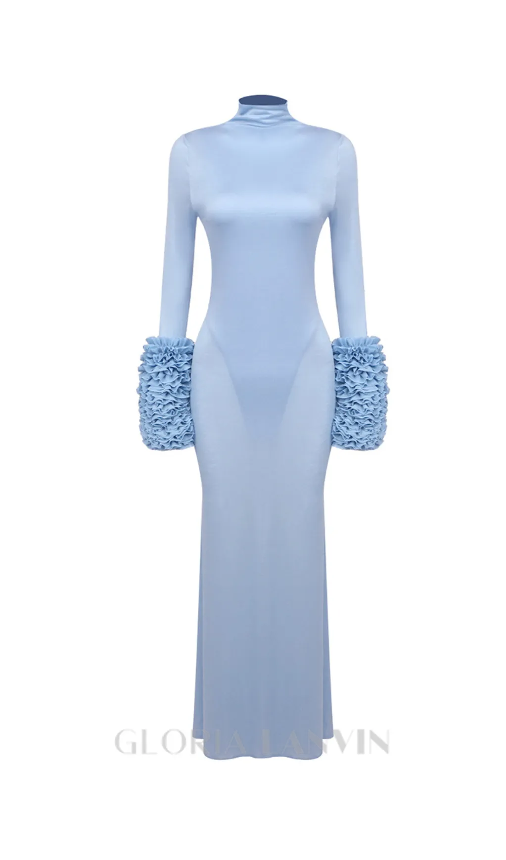 MICHELLE RUFFLED TURTLENECK MAXI DRESS IN PALE BLUE Gloria Lanvin
